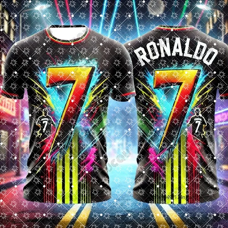 Men Ronaldo No.7 Football Star Graphic T‑Shirt Colorful Neon 3D Print Short Sleeve Tee Soccer Fan Casual Sports T‑Shirts
