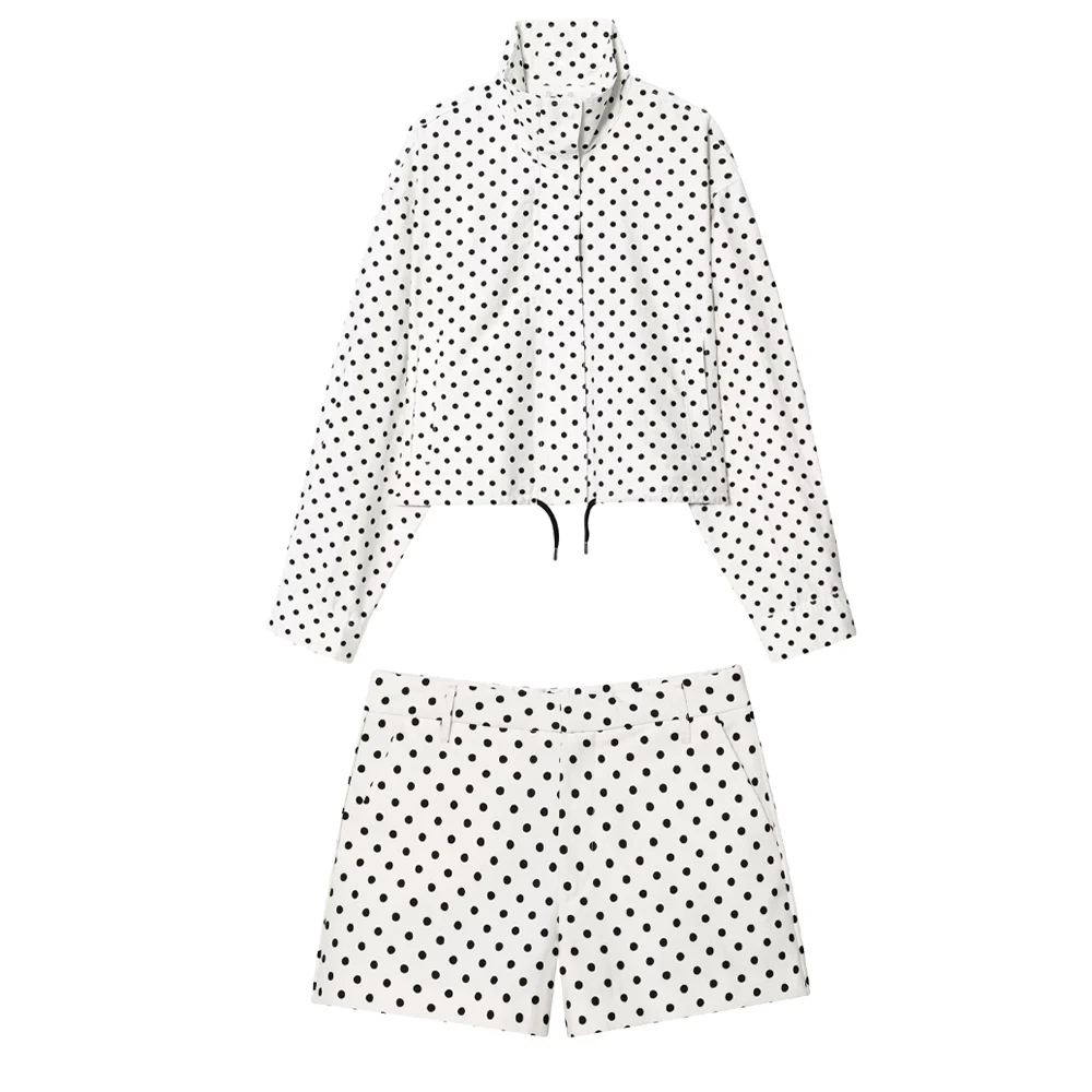 Jaket sifon motif polkadot kerah tegak serbaguna kasual wanita baru dengan celana pendek mini berpinggang tinggi