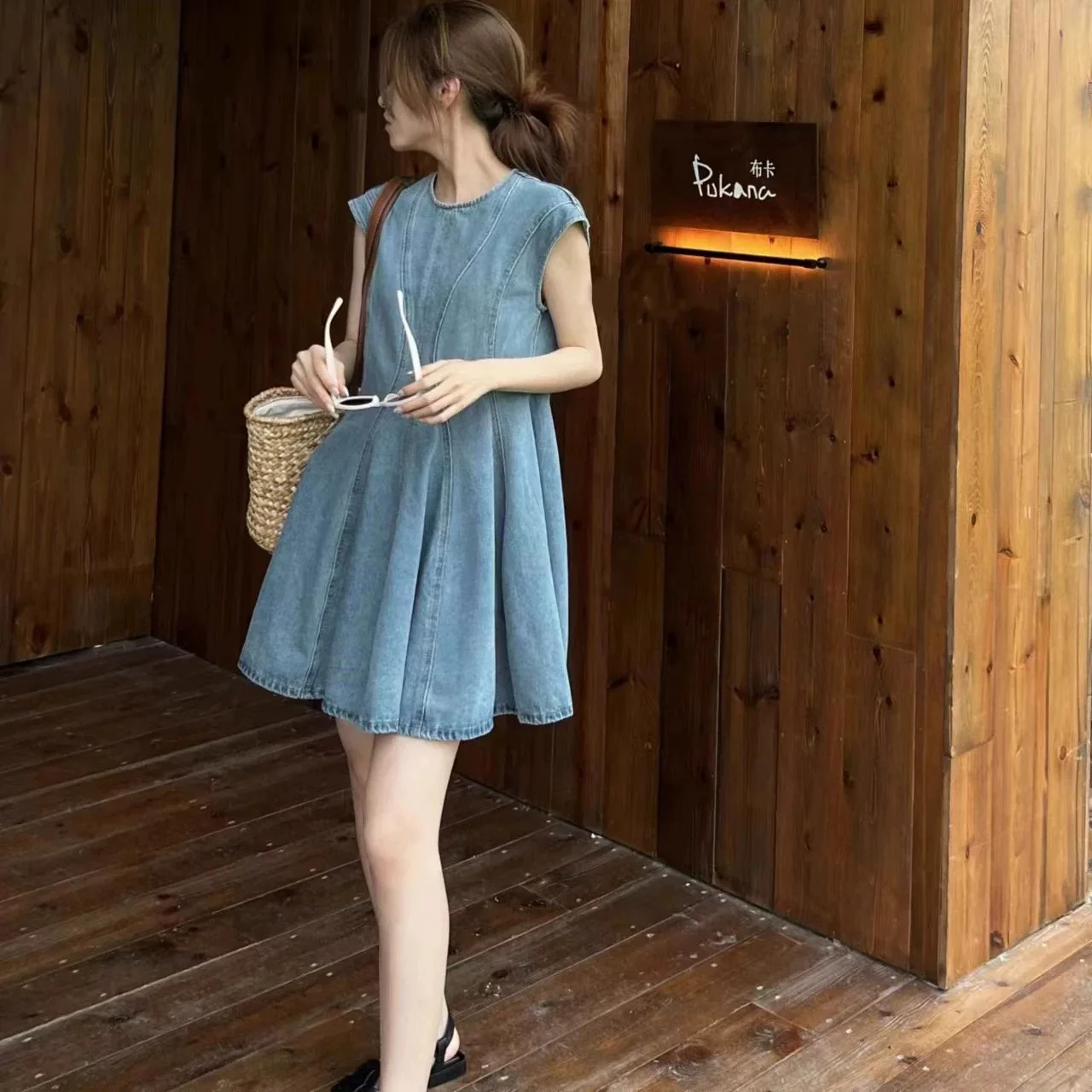 

Vintage Women Denim Dress Summer A Line Tunic A Line Jeans Mini Dress Casual Korean Blue O Neck Ol Dress New