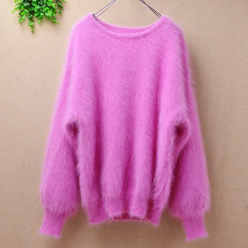 Elegant sweet pink ladies women mink cashmere long flare sleeves loose pullover angora rabbit fur winter outwear jumper sweater