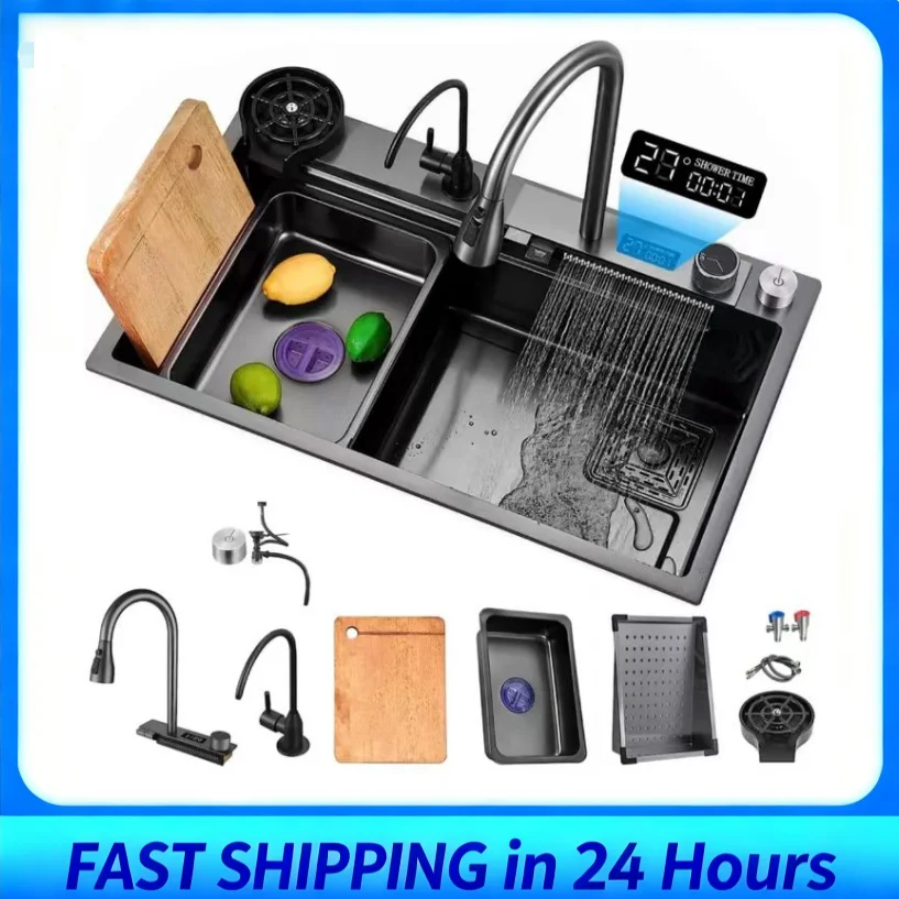 Évier de cuisine intelligent, fabriqué de précision, calibre épais, acier inoxydable brossé, affichage numérique, grande capacité, lavage professionnel