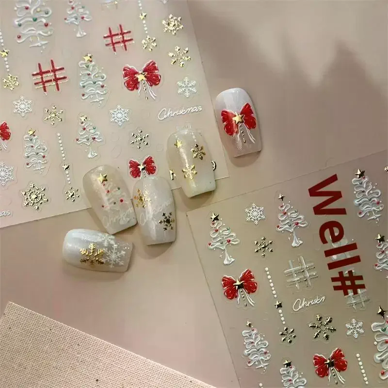 Leuke kerststijl witte kerstboom sneeuwvlok nail art stickers rode strik nail art print reliëf sticker feestelijke nagel decor