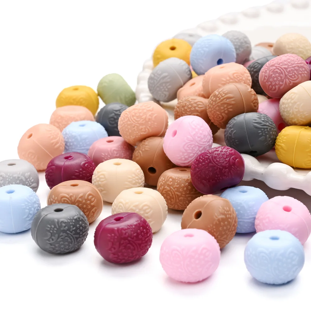 5Pcs Embossed Flat Round Silicone Beads Creative Wheel Beads for Diy Crafts Jewelry Making Bracelet Phone Chain Accessories