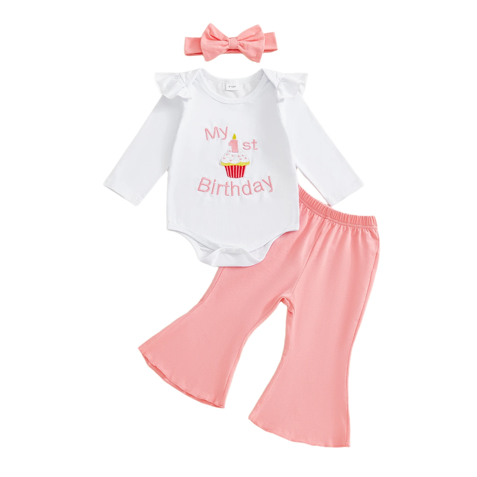 

Baby Girl 3 Piece Birthday Outfit Letter Cake Embroidery Long Sleeve Romper with Solid Pants and Bow Headband