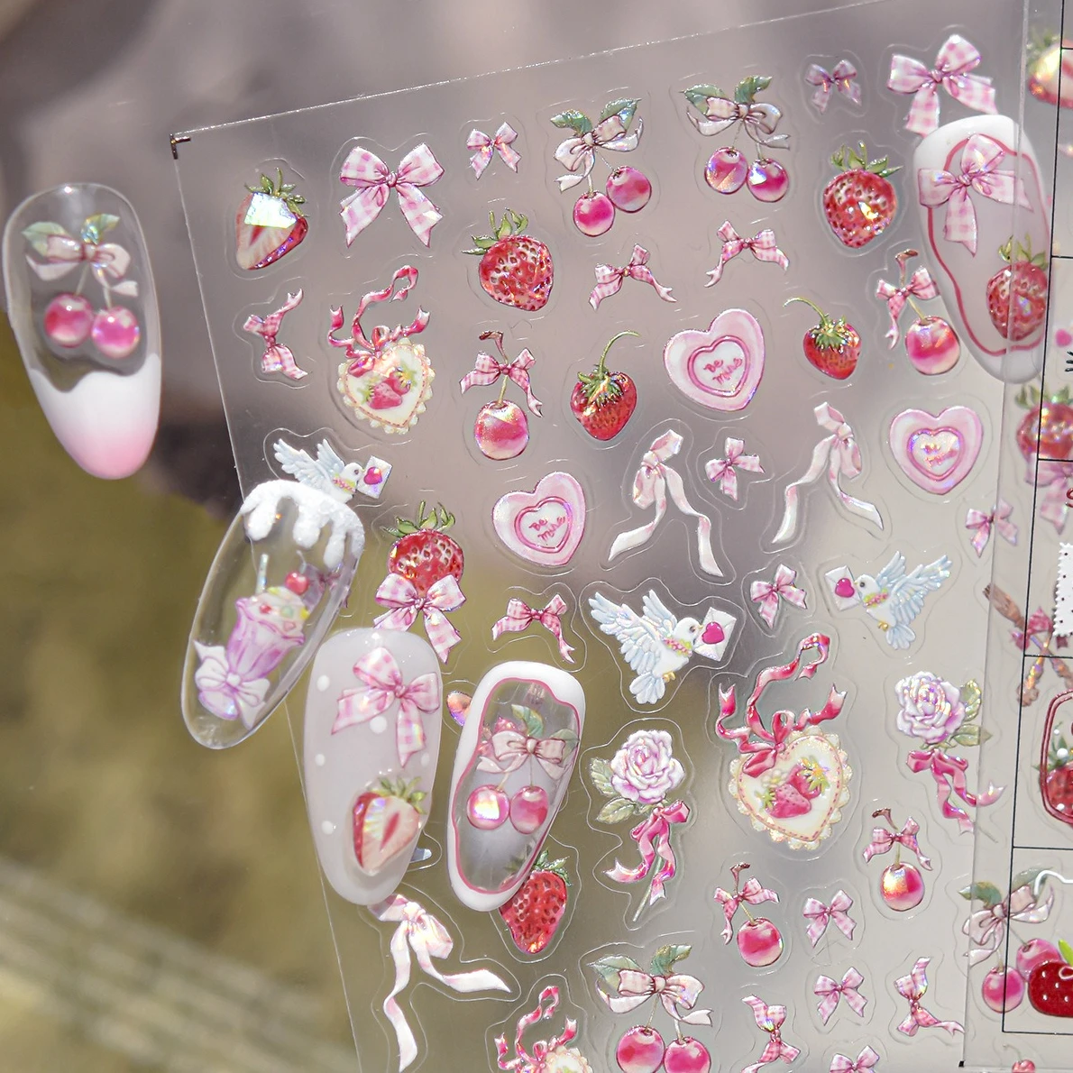 Mooie rode appel kawaii kat luipaard ster kant strik lint aardbei kersen roze hart roos nail art stickers manicure stickers