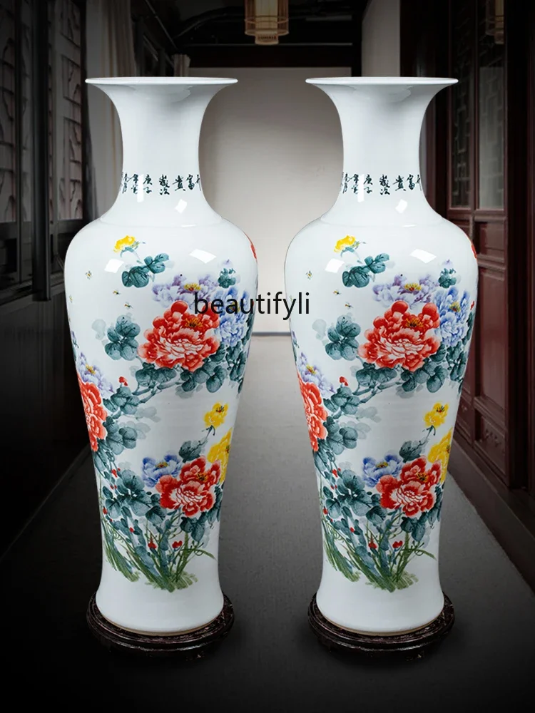 Jingdezhen Ceramics Hand-Painted Flower Blooming Rich Floor Vase Living Room TV Cabinet Hotel New House Decoration Ornaments