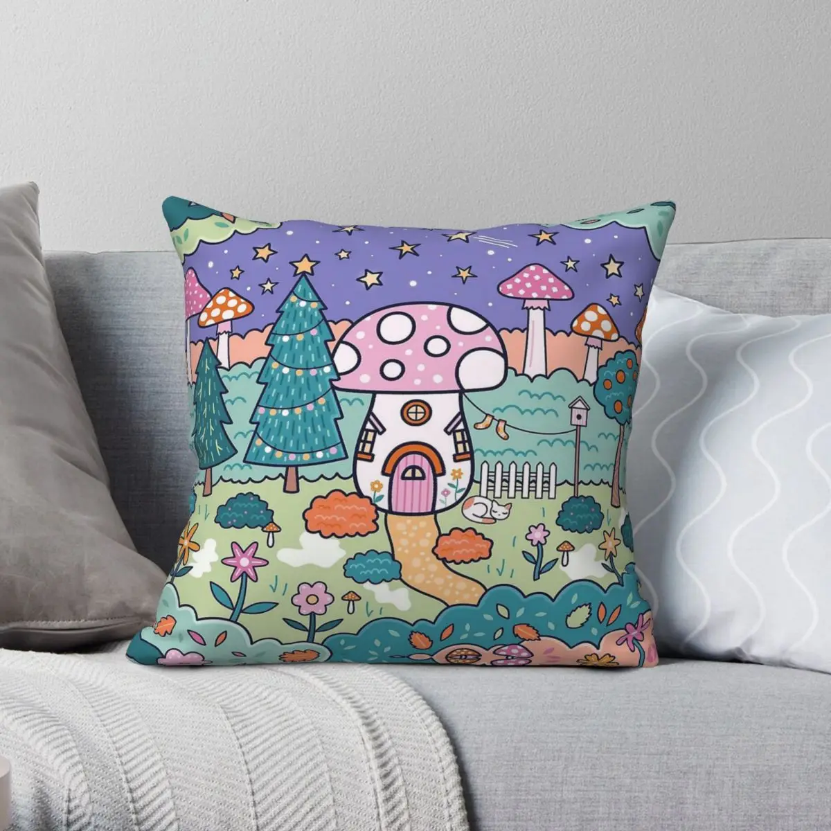 Mushroom Cottage Square Pillowcase Polyester Linen Velvet Printed Zip Decorative Throw Pillow Case Home Cushion Cover 45x45