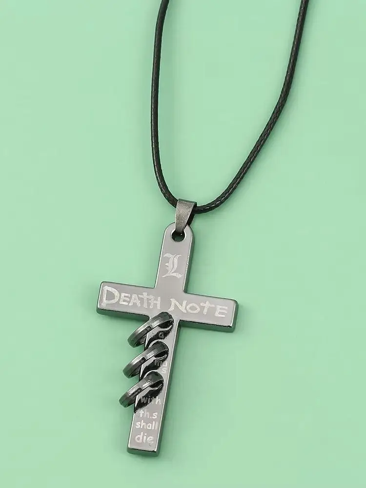 Anime Death Note L Logo Wisiorek Naszyjnik Krzyż Czarny Sznurek Skórzany Choker Modna Tajemnicza Biżuteria Dodatek dla Kobiet i Mężczyzn — 2