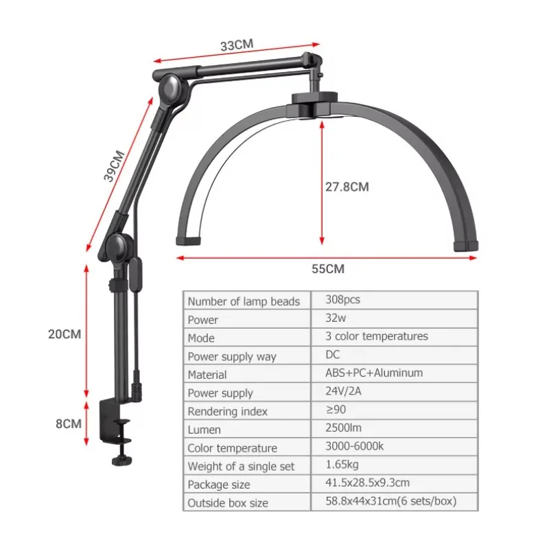 Light Emitting Diode Desk Lamp Half Moon Lamp for Lash Extension & Nail Polish and Tattoo for Photography Fill Lamp