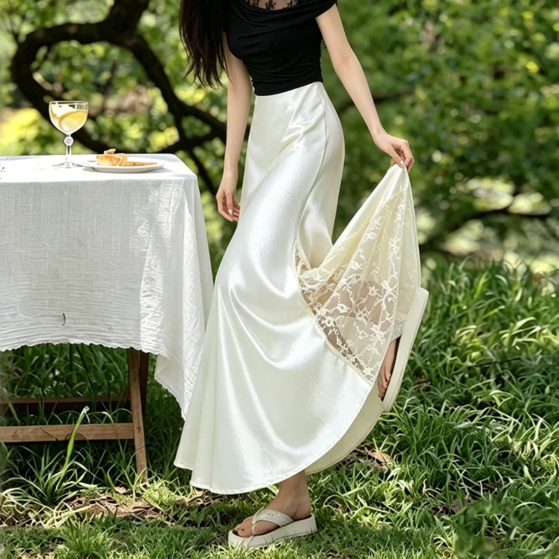 Seoulish Lace Patchwork Women's Satin Skirts 2026 New Elegant High Waist Solid Color Fishtail Office Lady Casual A-line Skirts