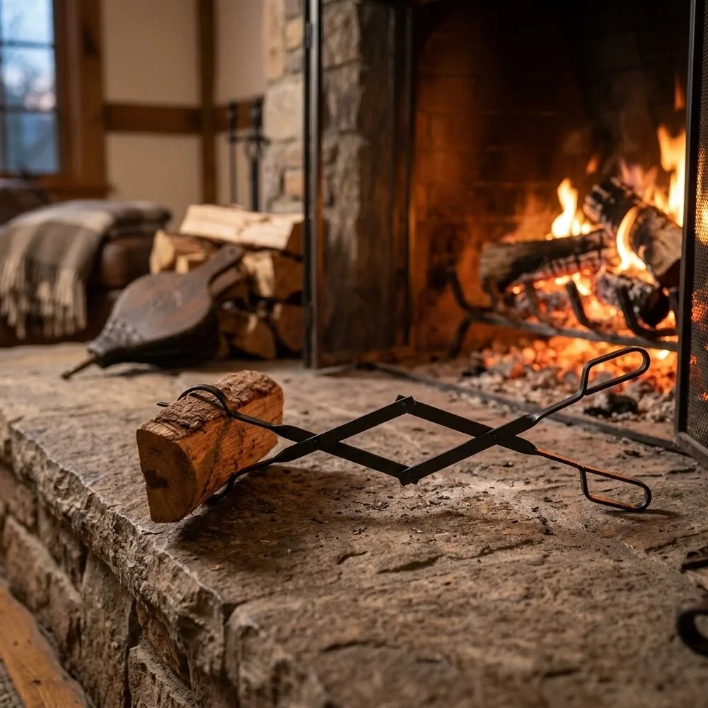 Wrought Iron Fireplace For Tongs 26 Inch Black Foldable Wood Log Grabber Tool For Indoor Outdoor Fire Camping