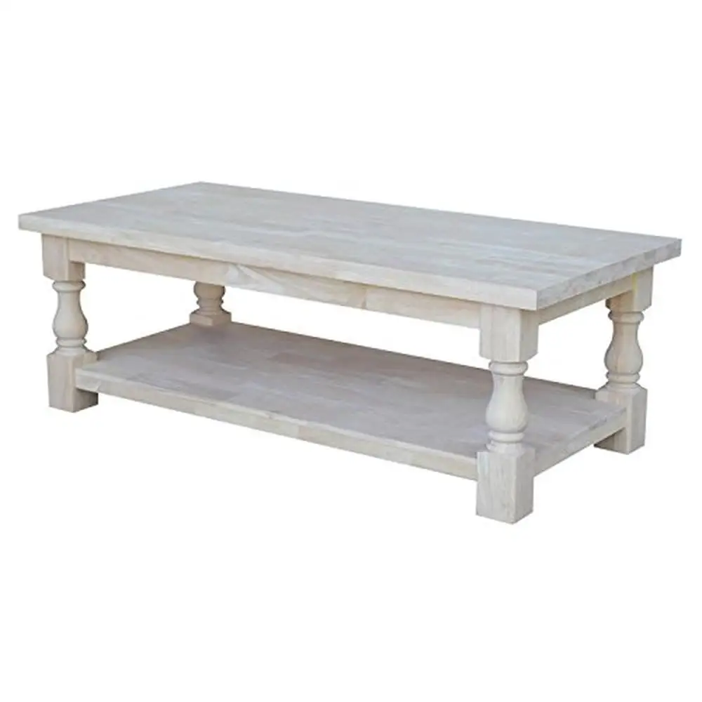 Unfinished Solid Parawood Tuscan Coffee Table 56 x 26-inch Traditional Design with Spacious Shelf Easy Assembly & Customizable