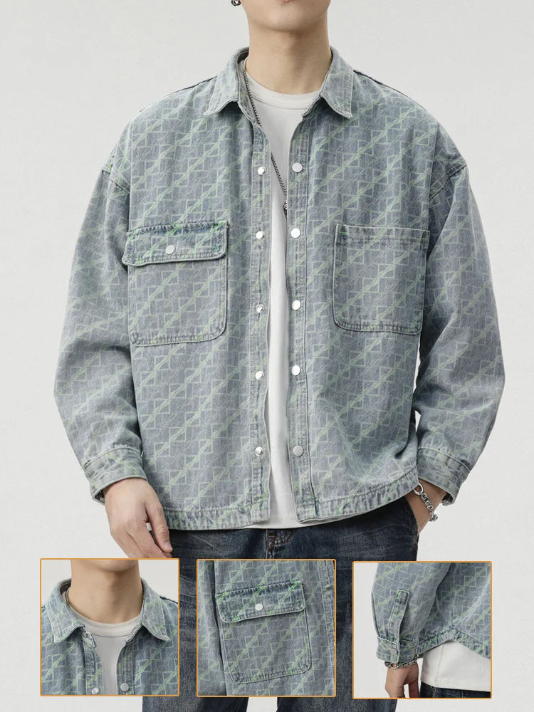 

Loose Fit Men's Denim irt Trendy Brand Cotton Long Sve Casual Jaet with Metal Decoration And Multiple kets