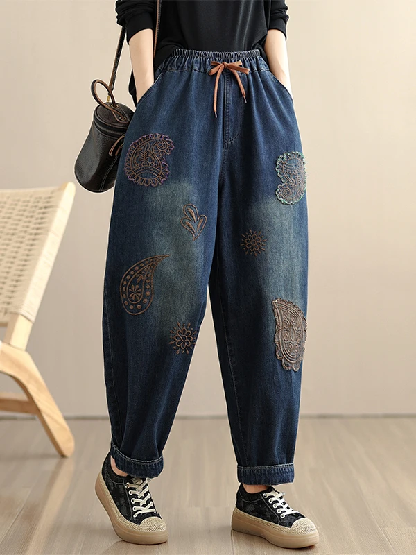 

Ретро-этнические джинсы с вышивкой, свободного кроя, с высокой талией, женские, осенние, из смесового хлопка, комфортные, утягивающие, укороченные брюки-харланы