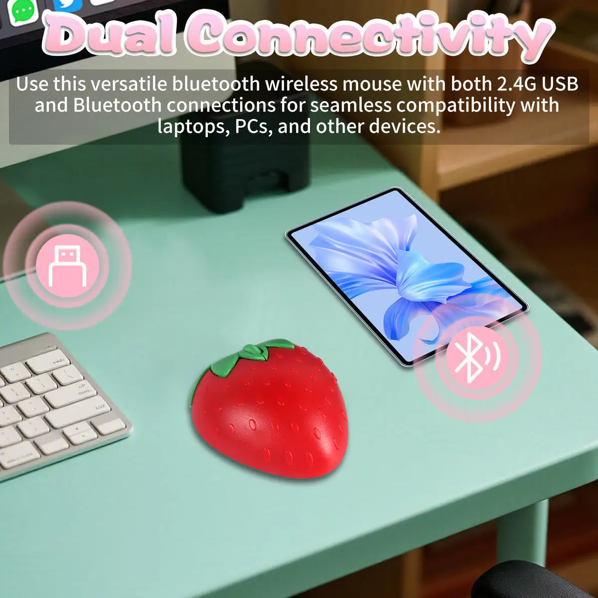 Adorable Cartoon Strawberry-Shaped Wireless Bluetooth Dual-Mode Mouse Ergonomics Battery Power Mice For Desktop Laptop Kids Gift