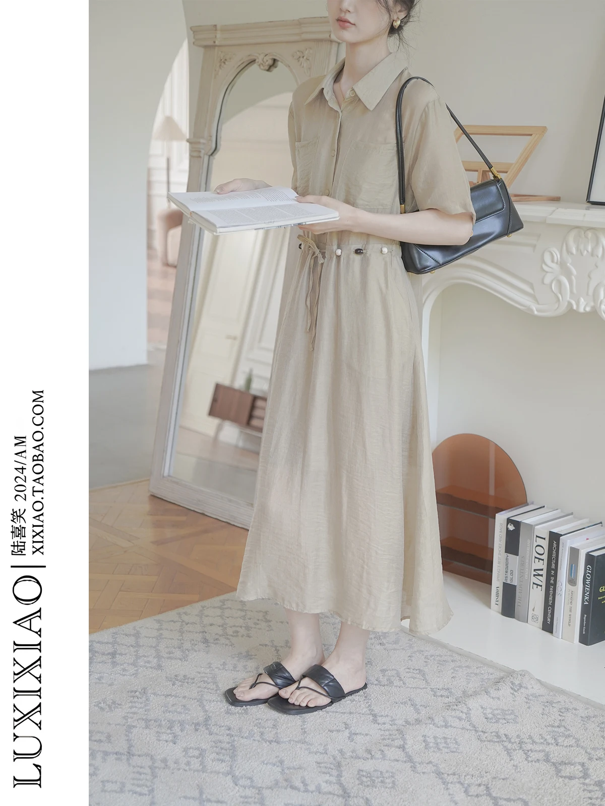 

Повседневное летнее платье LUXIXIAO в корейском стиле с отложным воротником, свободным кроем, на пуговицах, с коротким рукавом и завязками на талии для женщин