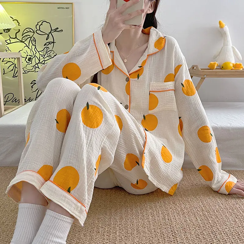 

Spring Autumn Women's Thin Double Layered Cotton Yarn Printed Pajamas Long Sleeve Cardigan Cute Sweet Casual Home Clothing Set