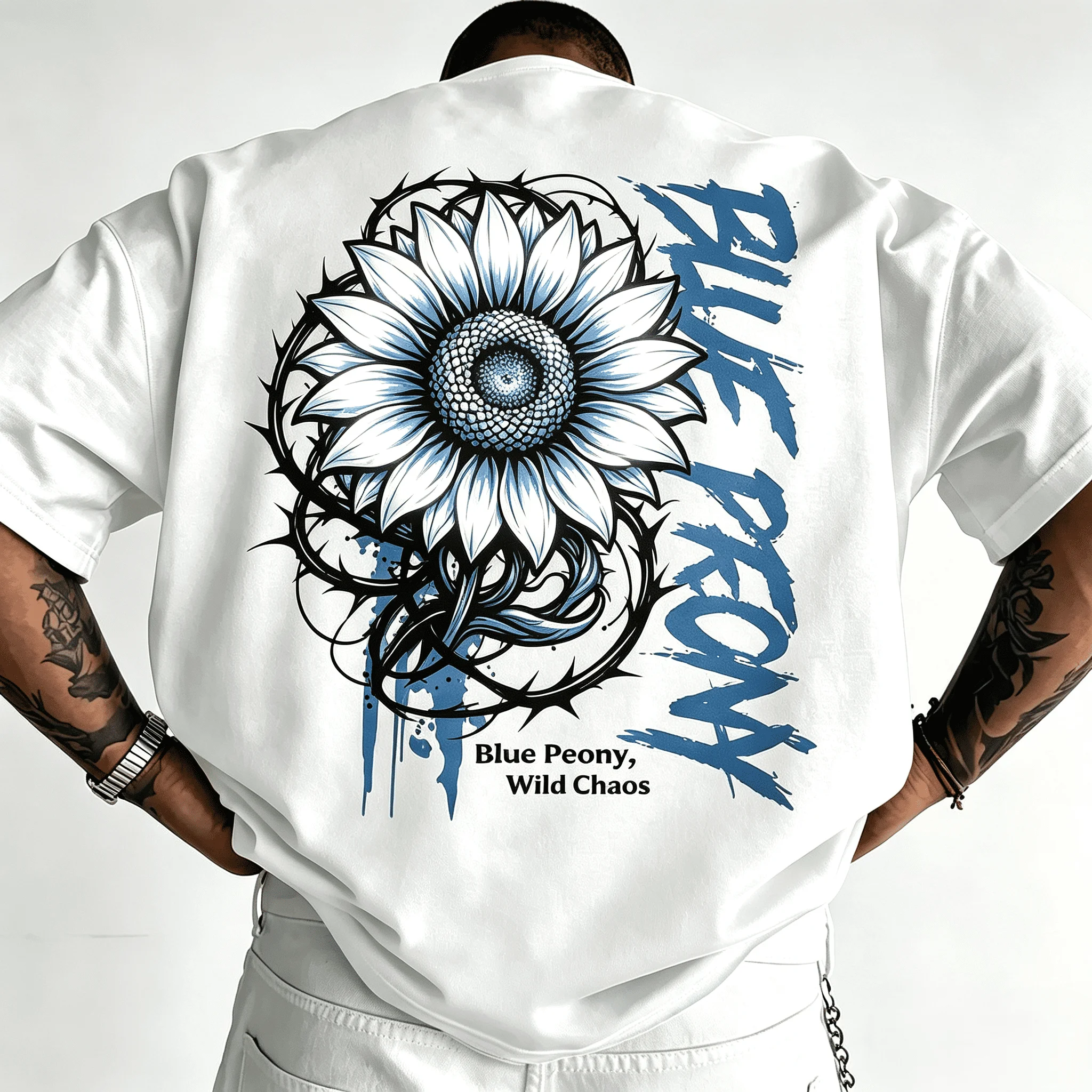 Unisex Oversized White T-Shirt Blue Sunflower Thorn Vine Graphic Back Print Vintage Gothic Streetwear Short Sleeve Tee For Men Women
