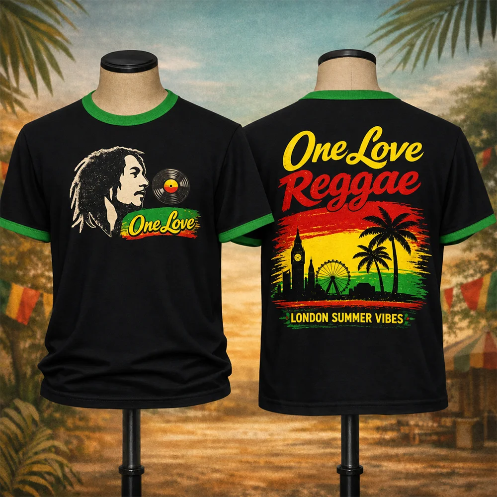 One Love Reggae Eltern-Kind Unisex T-Shirt im Vintage Bob Marley Stil London Summer Vibes Atmungsaktives Ringer-Kurzarm-Outfit – Detail 4