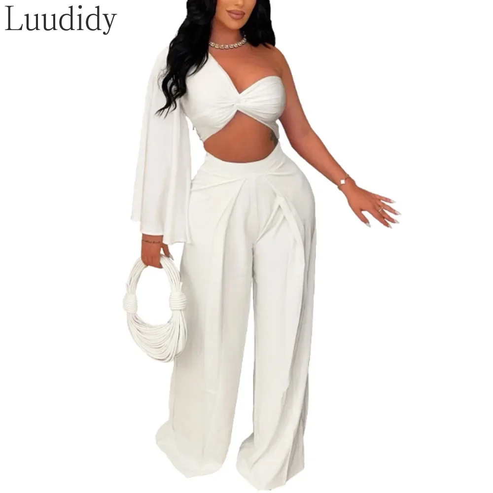 

Женский повседневный комплект из топа с одним открытым плечом и расклешенными рукавами и брюк с высокой талией и широкими штанинами, 2 предмета