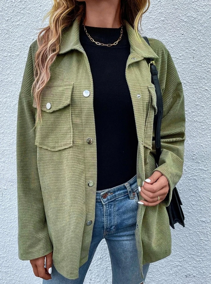 Autumn Women's Jacket Waffle Long Jacket Oversized Casual Shirt Buckle Collar Formal Shirt Temperament Commuting Casual Jacket