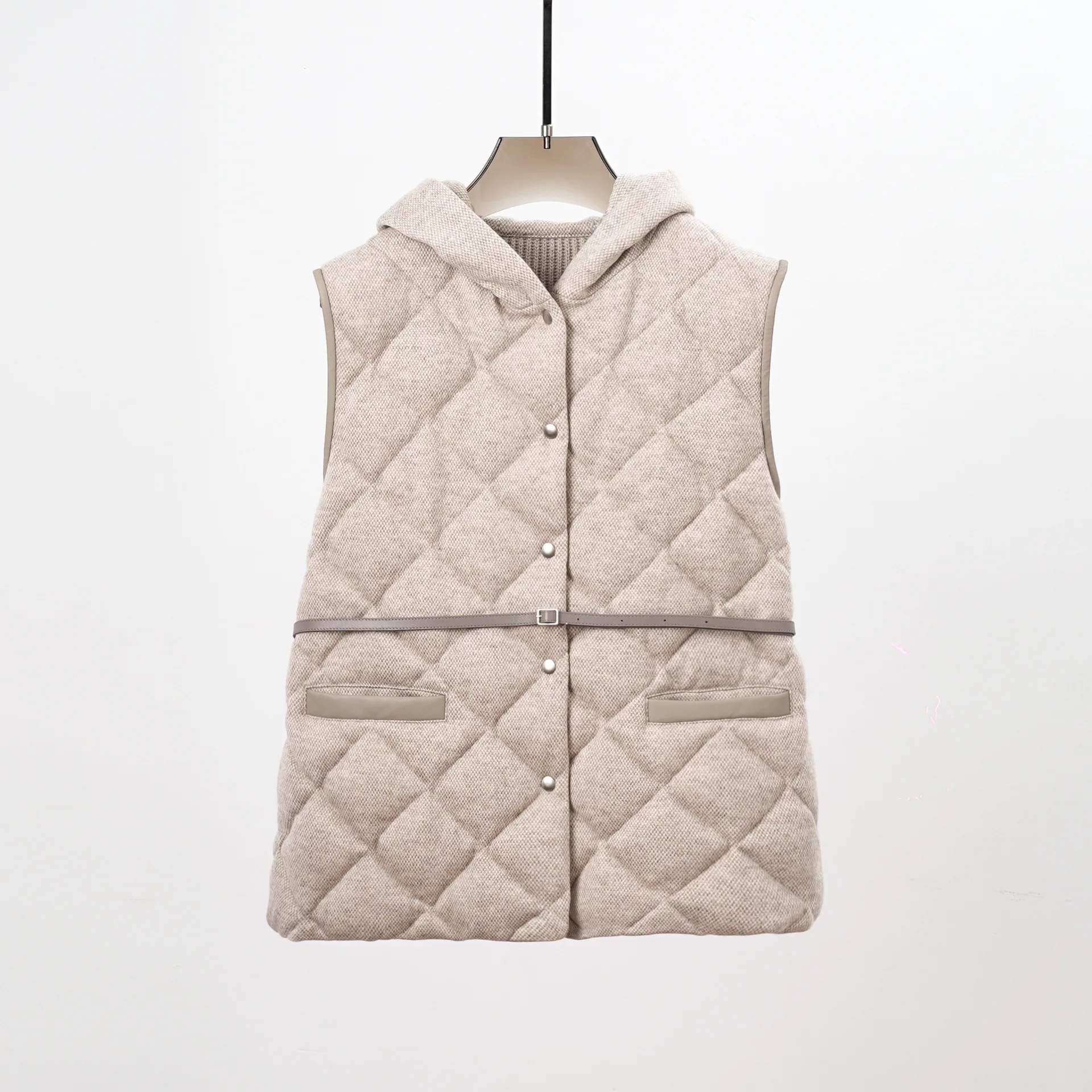 

Autumn/Winter Fashion Cashmere-Wool Blend Fabric Lambskin-Trimmed Waistcoat With Belt 90% White Goose Down Vest Jacket