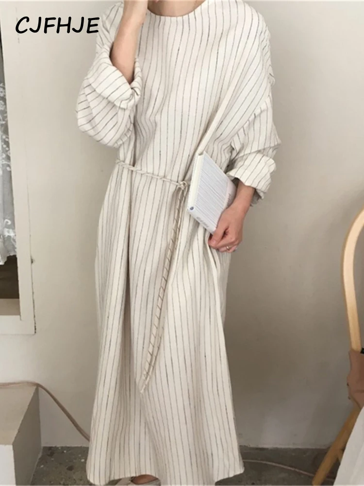 CJFHJE Lace Up Oversized Elegant Lady Dress Korean Fashion Vintage Striped Midi Dress Female Autumn Winter Simple Dresses Women