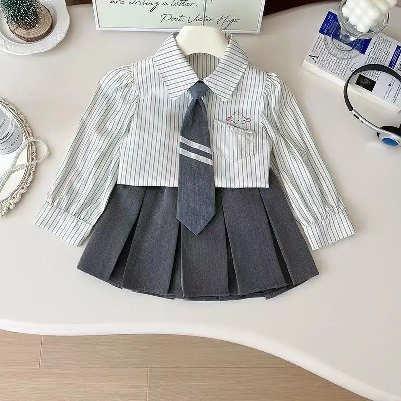 

Girls' College Style Printed Striped Shirt Half Body Pleated Skirt Stylish Two-piece Set 2025 New Fashionable Baby Girl Clothing