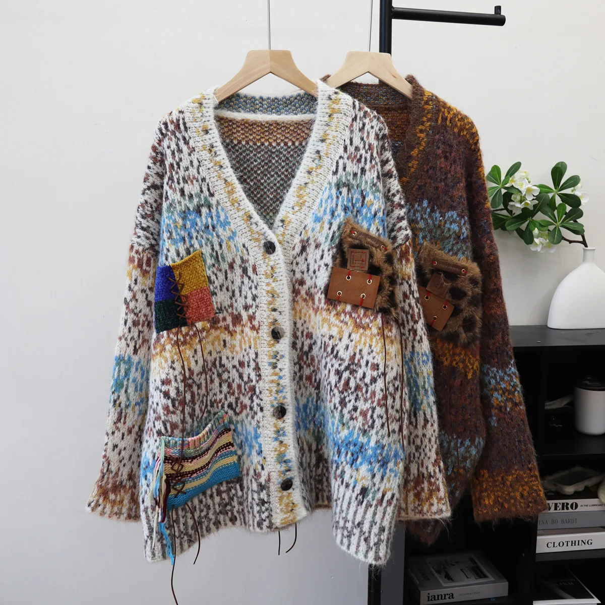 

Women Spliced Leopard Cardigan Sweaters Knitted Jumpers V Neck Long Sleeves Single Breasted Loose Fit Casual Autumn Winter 2025