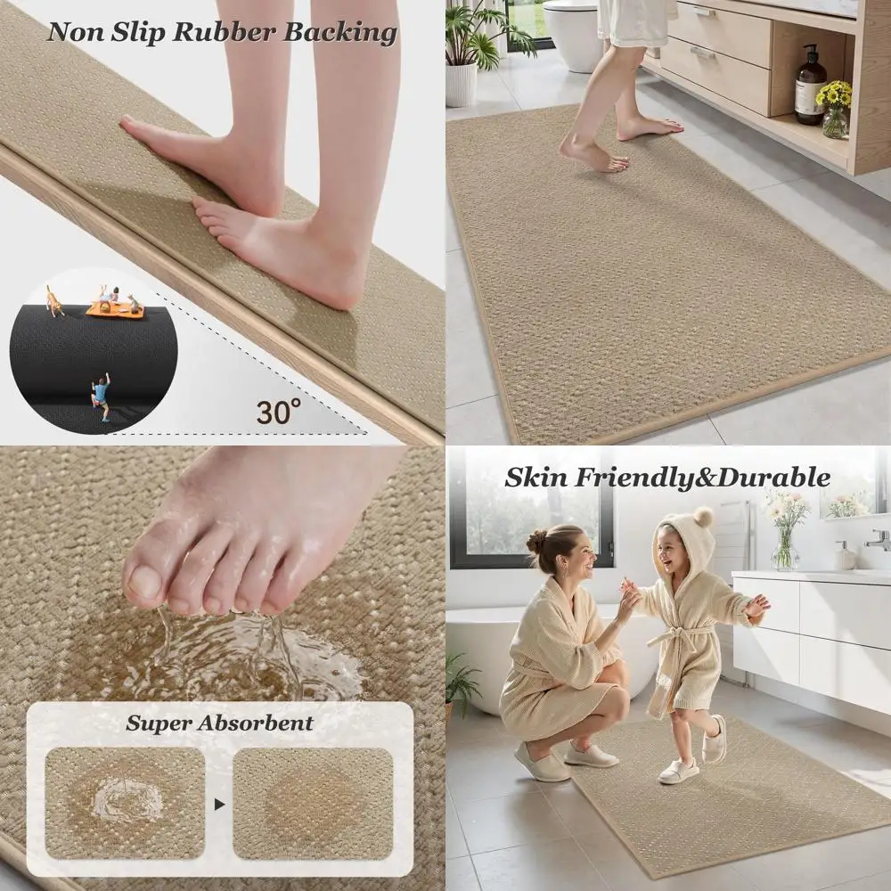 

Super Absorbent Thin Bath Mat, Quick-Dry Rubber Backing, Non-Slip, Fits Under Door, Beige, 24 x 70