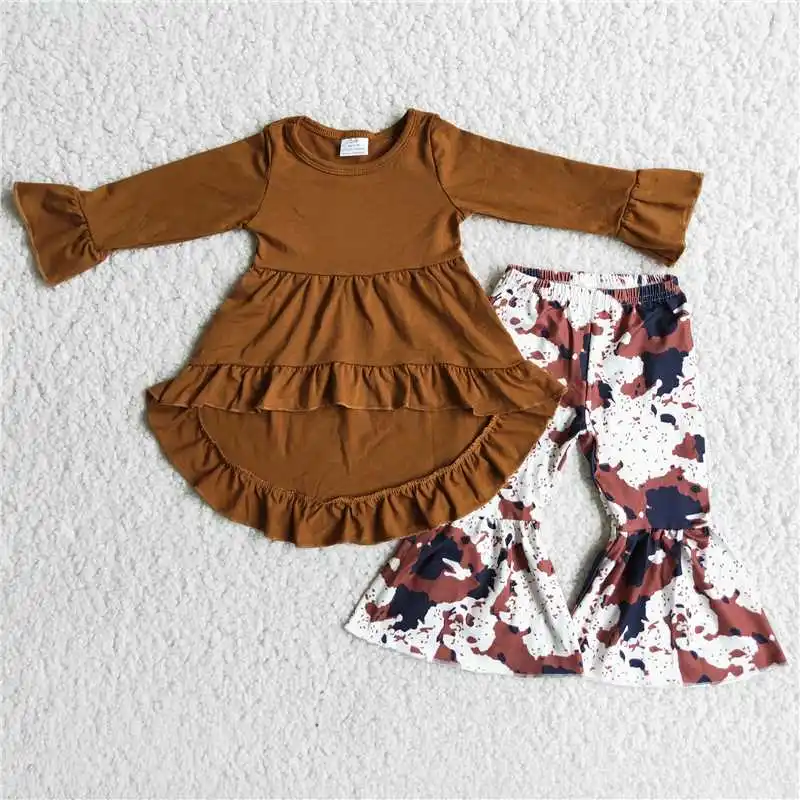 

2022 Rts Daily Wearing New Design Brown Lace Print Long Sleeve Shirt Cow Pattern Ink Pants Fashion Children Girl High Quality