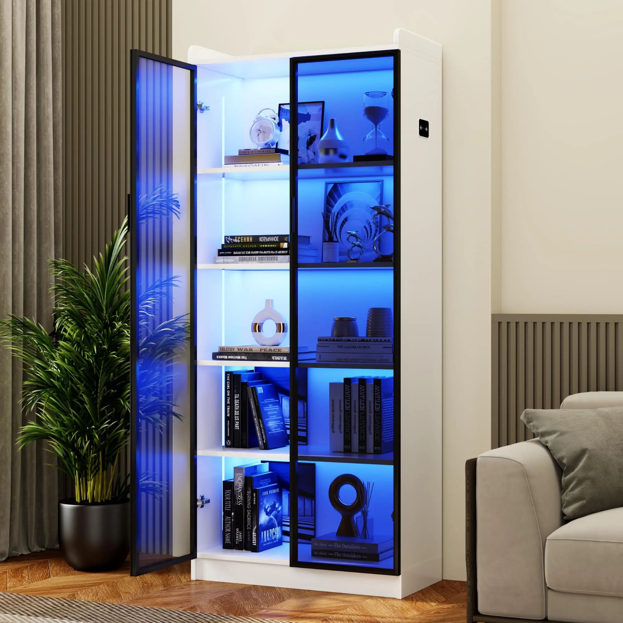 65 Inch Tall Display Cabinet With Glass Doors LED Lighting Adjustable Shelves 5 Tier Bookcase For Living Room Bedroom Office