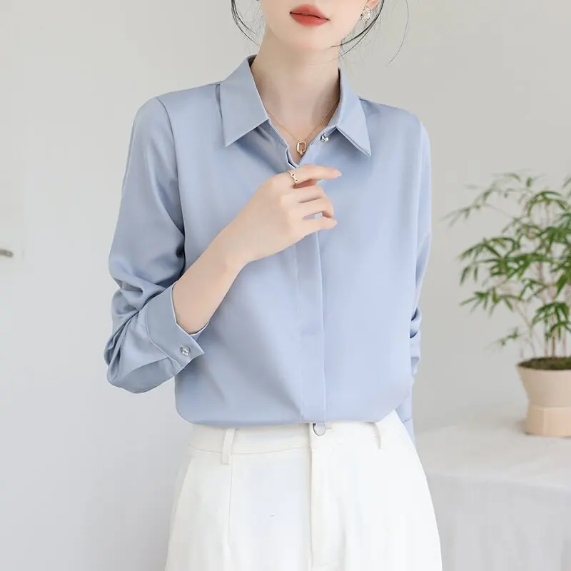 

Business Style Anti-Wrinkle Satin Long Sleeve Women's Shirt Spring Autumn Fashion Elegant Commute Professional Office Shirt