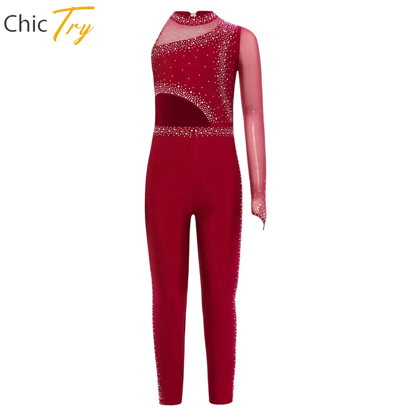 

Girls Artistic Gymnastics One-piece Suit Kids One Sleeve Rhinestones Mesh Full Body Leotard Ballet Bodysuit Jumpsuits Dancewear