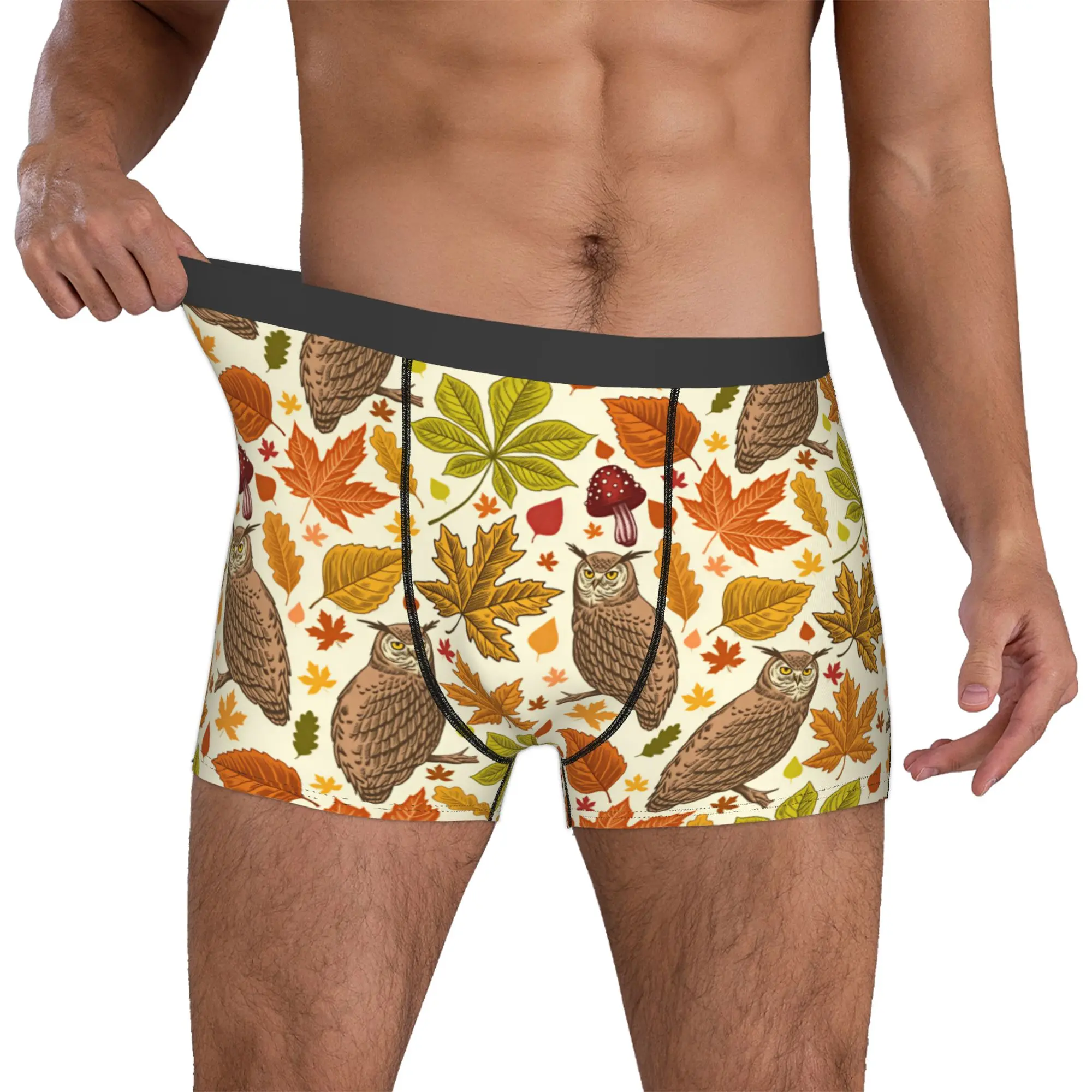 Male Cool Autumn Leaves Owl Seamless Pattern Underwear  Boxer Briefs Stretch Shorts Panties Underpants