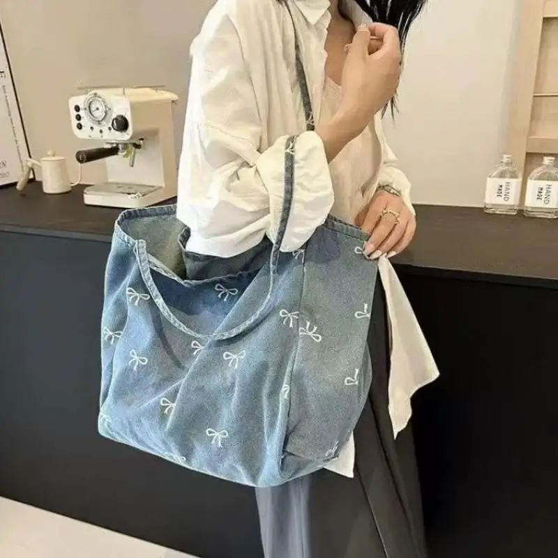 High-Quality Denim Canvas Bag Ladies' Bow Sweet And Versatile Tote Bag Large-Capacity Casual Single-Shoulder Bag