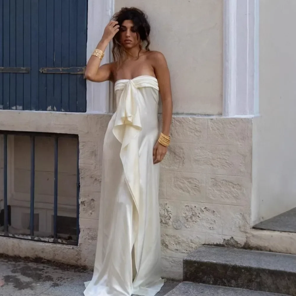 European American Women Summer New Solid Color Satin Ruched High Slit Maxi Gown Banquet Formal Dress