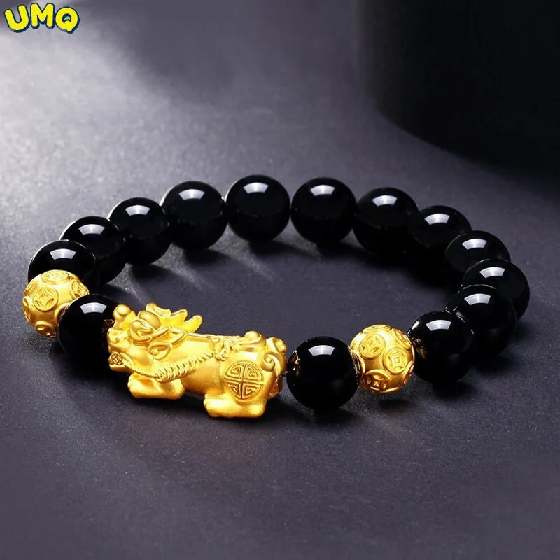 

Natural Obsidian Vietnam Gold Medallion Bracelet Money Bead Black Agate Hand String Gold Leather Hugh Buddha Beads Rosary Health