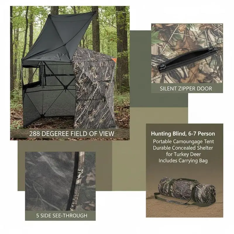 Hunting Blind 6-7 Person For Turkey Deer Hunting, Portable Camouflage Tent, Durable Concealed Shelter, Silent Zipper Door Window, 288 Degree 5 Side See-Through Ground Blinds with Carrying Bag view 4