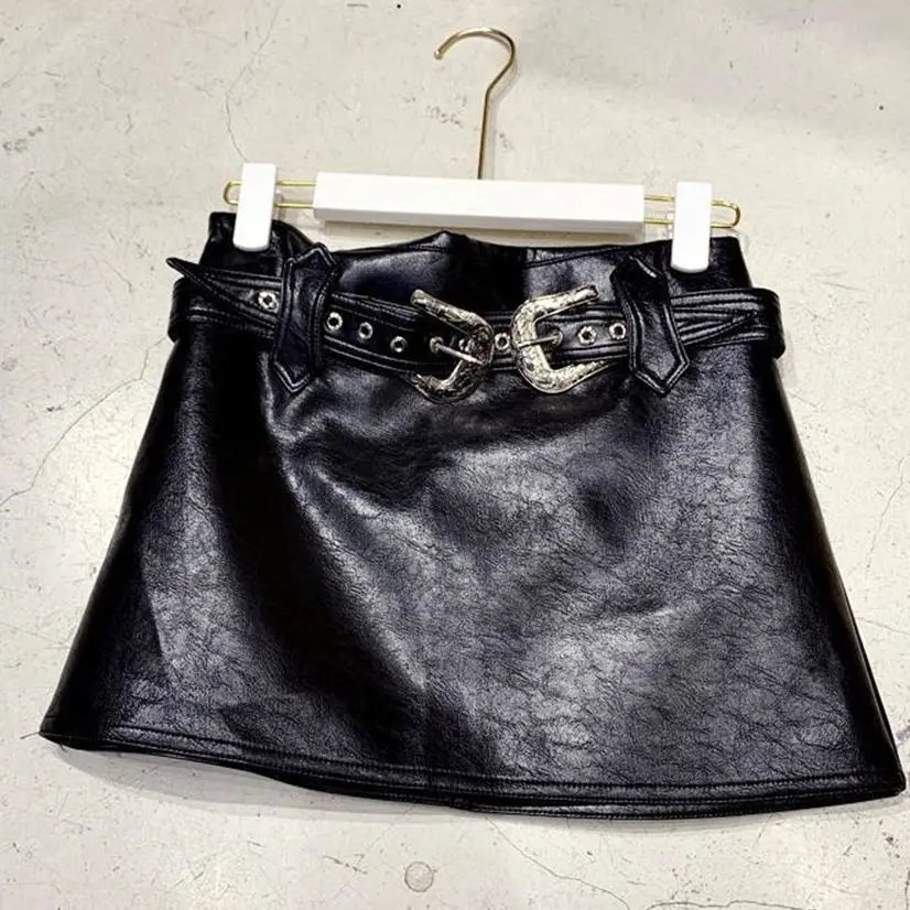 

2023 Summer Sexy Vintage Black PU Leather Skirt For Women Belted Wrapped Hip Leather Skirt Female Fashion New Clothing Y3908