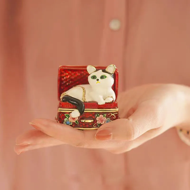 

Hand Painted Enameled Jeweled Cat Trinket Box Ring Holder Hinged Jewelry Collectible Figurine Home Table Wedding Decor