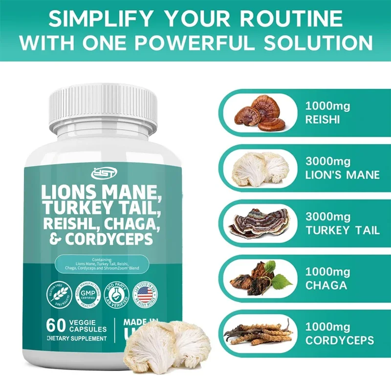 Lion mane turkey, mushroom, Cordyceps sinensis powder extract capsule, mineral supplement 60 capsules