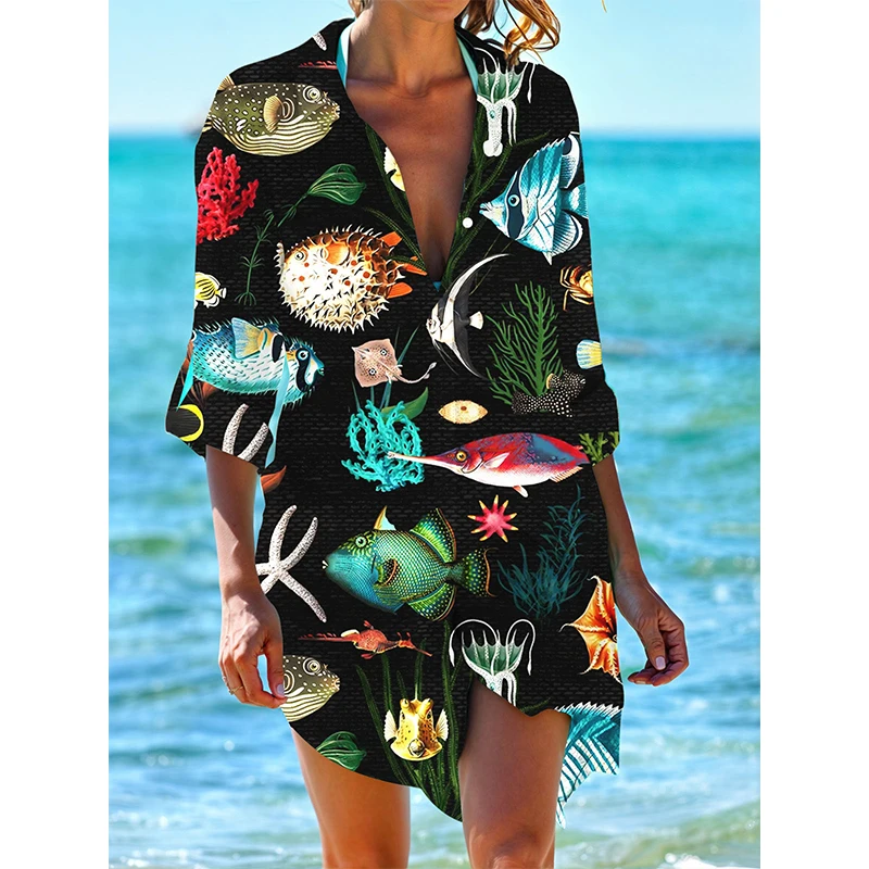 Starfish Conch Fish 3D Print Beach Blouses Women Long Sleeve Mid-length Shirts Buttons Blusas Pocket Tops Blouse Woman Clothing