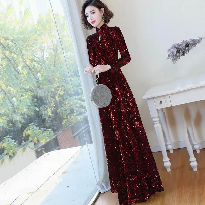 

New Vintage Gold Velvet Cheongsam Dress Womens Autumn Elegant Modified Banquet Engagement Wedding Gown Female Party Long dresses