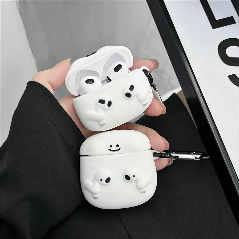 For Airpods 1 2 Pro 3 Individuality Cute White Cartoon with Earphones Hook up Anti-Drop Earphone Case For Airpods Pro 2 Shell