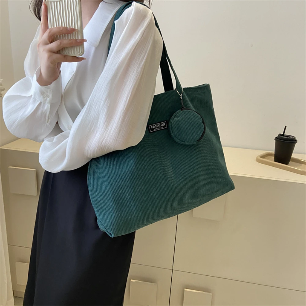 Retro Corduroy Versatile Handbag Women Large Capacity Commute Tote Bag with Coin Purse Casual Handbag Foldable Underarm Bag