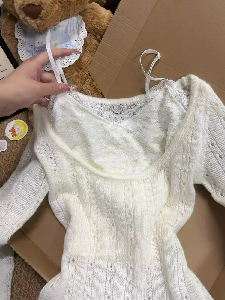 

Slim Fit Hollow out Knitted Top Women's Long Sve Thin Sle Spring Summer Faion Design Korean Version Breathable irt