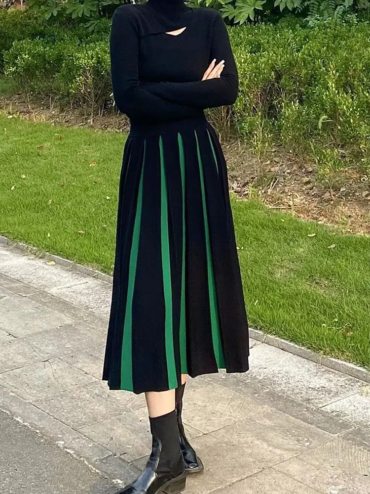 Korobov Autumn Winter Knitted Skirt Female High-waisted Green Thick Pleated Skirts Woman Contrast Color Vintage Fashion Faldas