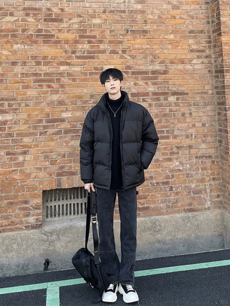 

Cleanfit Black Short down Jacket Men's Winter Stylish Streetwear Stand Collar Bread Style Waterproof Polyester Fiber Coat