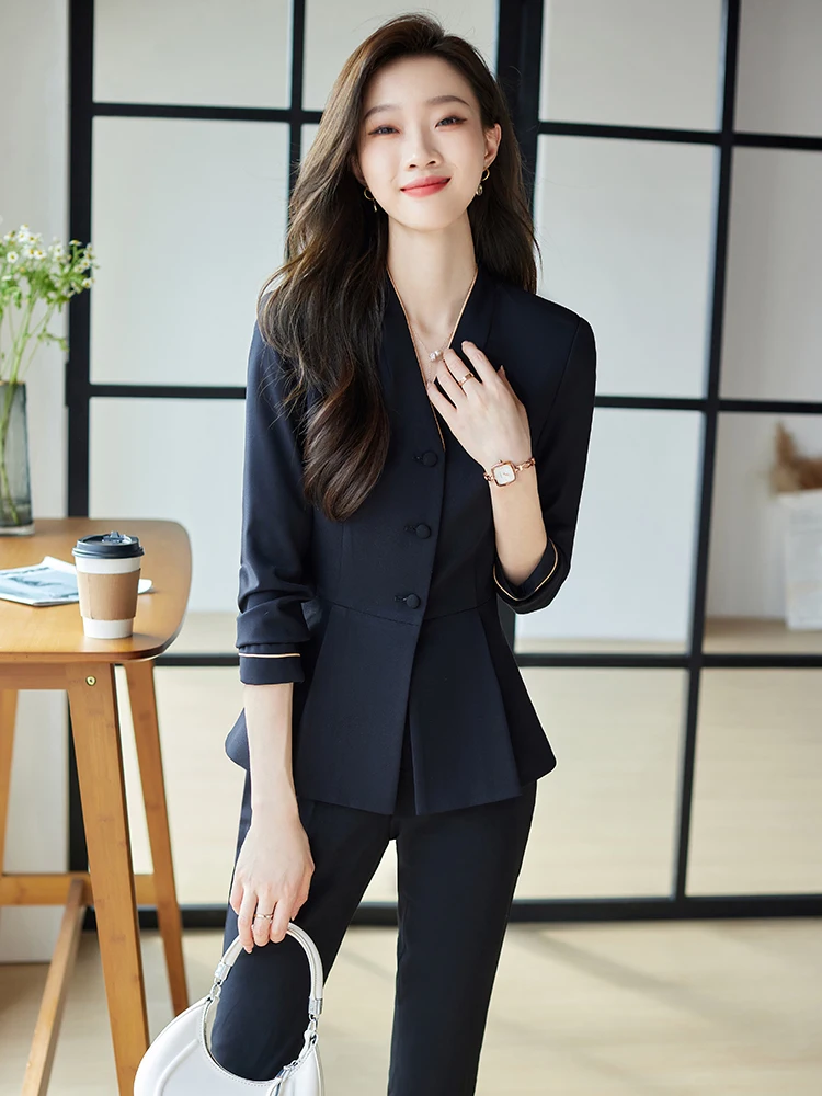 Women's Business Suit Set V-Neck Long Sleeve Professional Beauty Therapist Hair Salon Jewelry Store High-End Spa Work Uniform
